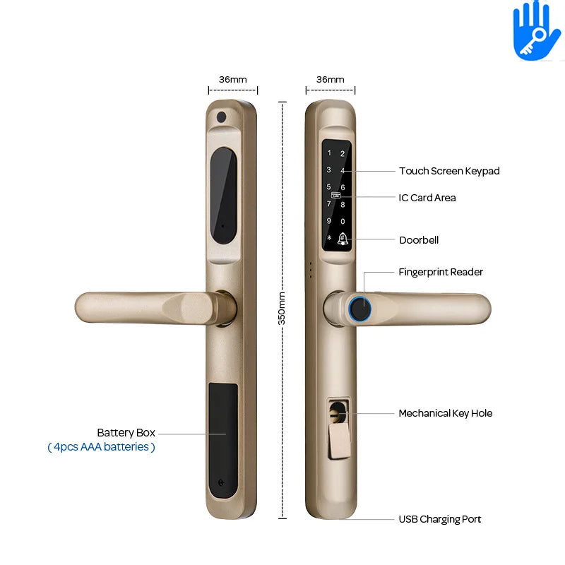 Waterproof IP66 Euro 3592 2885 3085 Mortise Ttlock Tuya Wifi Fingerprint Digital Smart Door Lock for Aluminum Grill Sliding Door