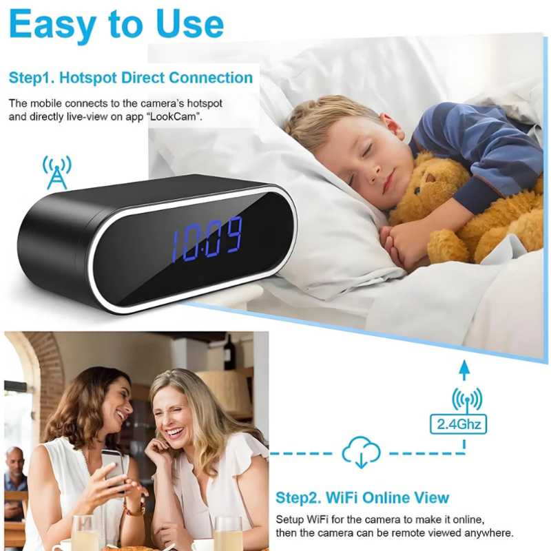 1080P Full HD Mini Clock Camera, Home Security Monitoring, Supports Wireless Wifi, Motion Detection, Loop Recording